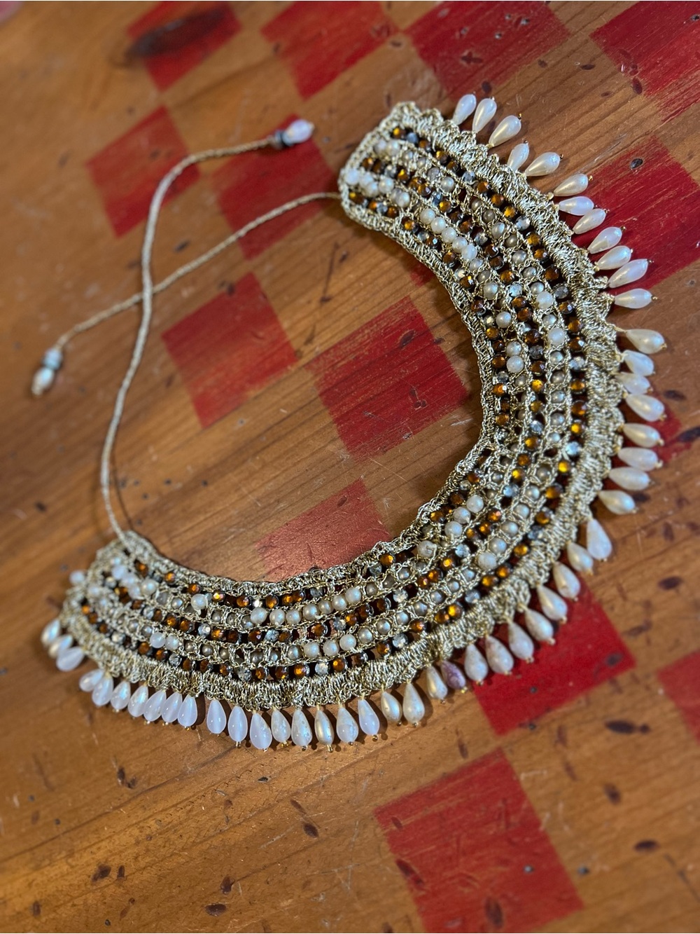 Handcrafted Gold and White Beaded Statement Choker Necklace
